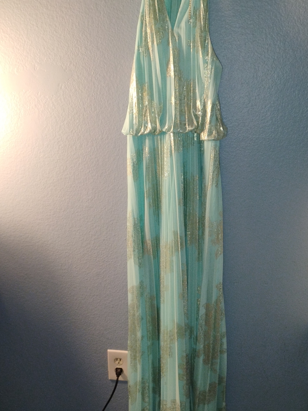 Aqua Halter Pleated Maxi Dress with Gold Foil Detail - Picture 3 of 5